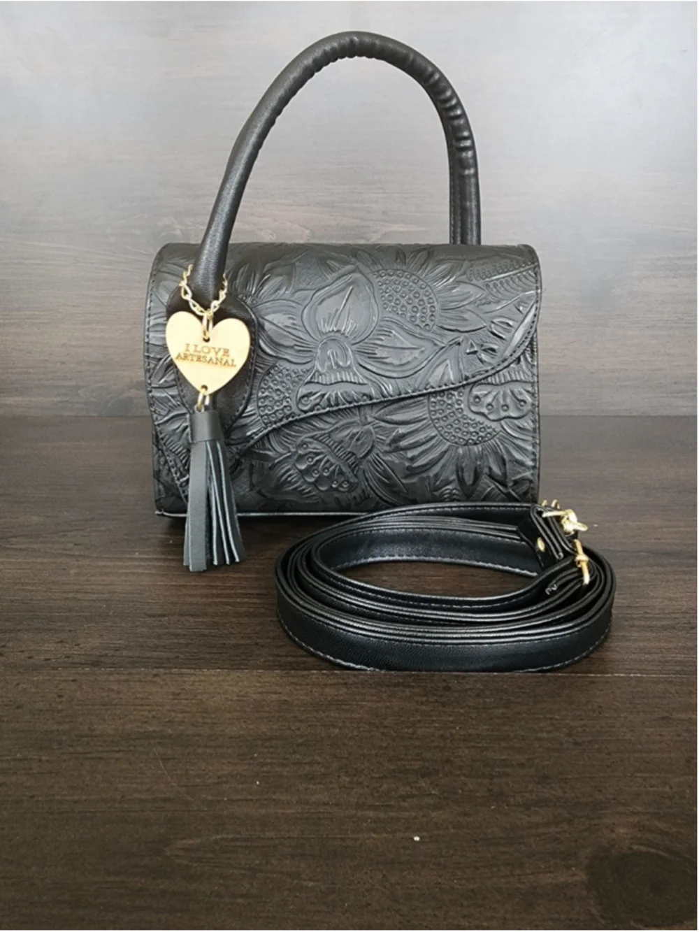 Black Sunflower Embossed Tooled Artisan LEATHER Crossbody Bag Purse Handbag
